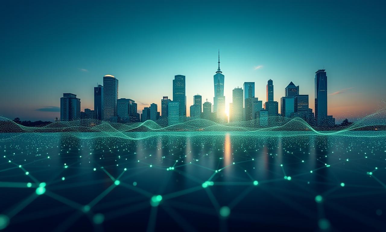 Abstract digital network overlaying a modern Australian city skyline, representing fast and reliable internet connection.